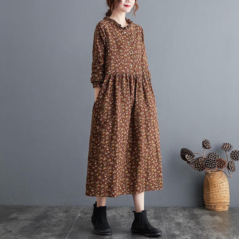 Real Shot Autumn New Retro Literary Cotton and Linen Loose Large Size Floral Long-sleeved Dress Women
