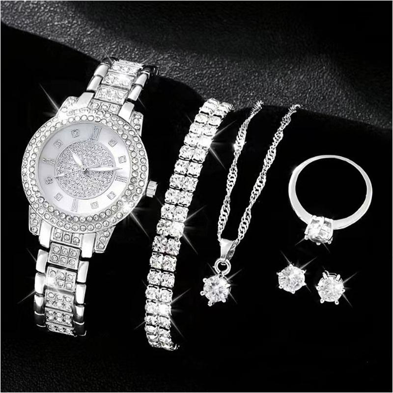 Fashion Light Luxury High-end Sense Diamond Set Steel Belt Large Disc Women's Quartz Watch Set 6 Pieces Set, Suitable for Christ