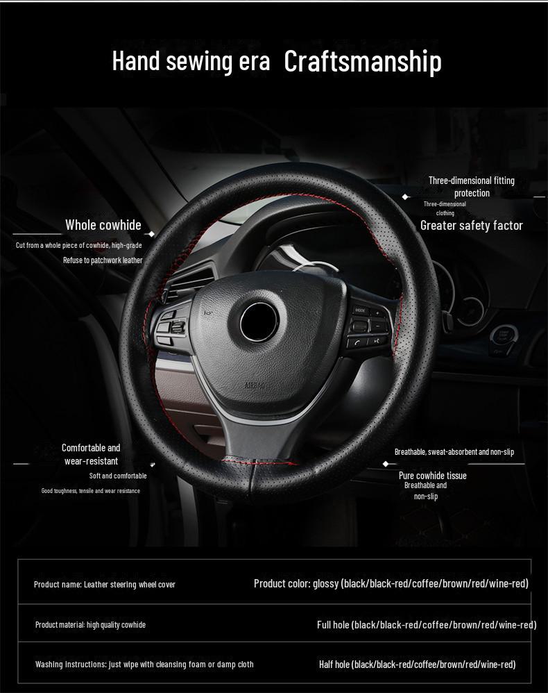 Genuine Cowhide Leather Steering Wheel Cover, Universal Hand-Sewn Design, All-Season Use, New Style