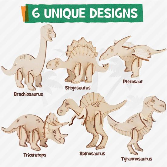 1 Set Wooden Dinosaur Puzzle Toy Kit with 5 Coloring Pens 30 Pigments 6 Wood Dino Jigsaws Assembly Game Educational Toy Boys Girls Gift
