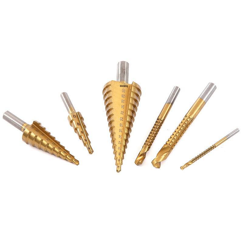 6-Piece Titanium-Plated Pagoda Drill Set for Woodworking: Serrated Hole Opening, Expansion, and Groove Cutting with Plastic Box.