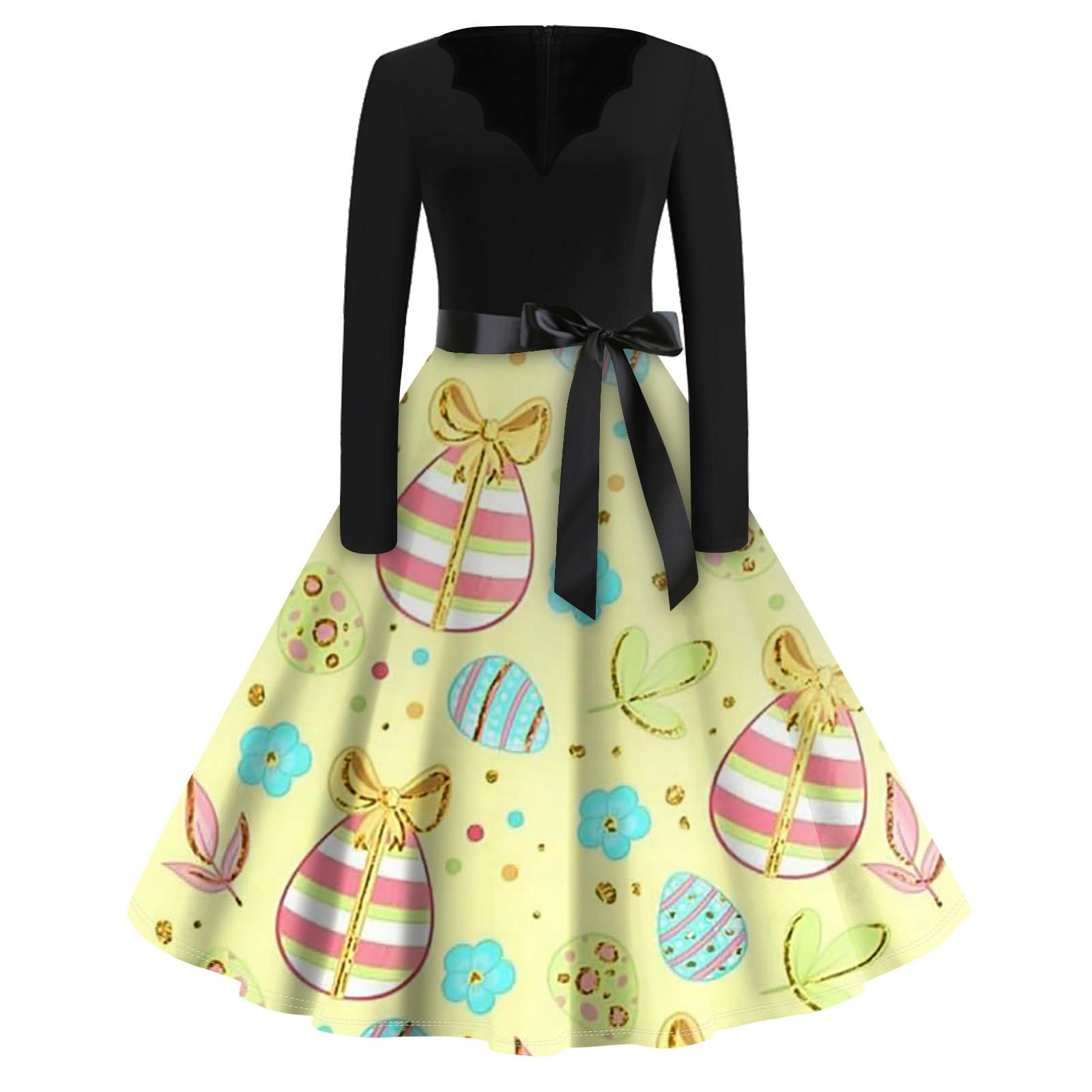 

Женская мода с v-образным вырезом, повседневные тонкие пасхальные платья с длинным рукавом и принтом XL жёлтый