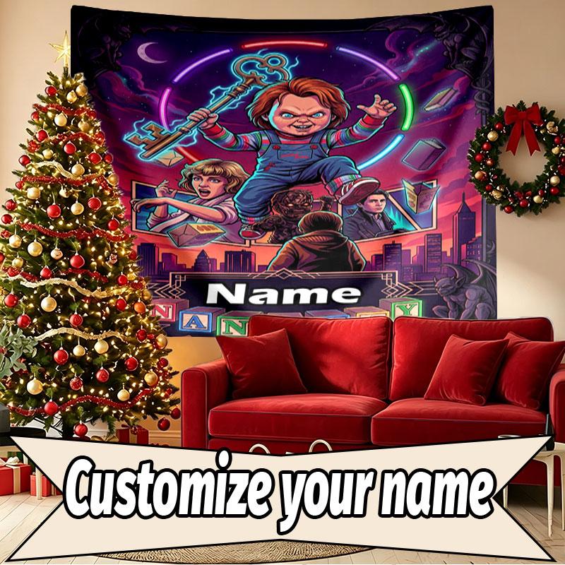 Custom Name Personalized Horror Theme Chucky Print Tapestry, Wall Art Decor, Bedroom, Dorm, Apartment, LivingRoom, Party Backdrop, Gift for Birthday