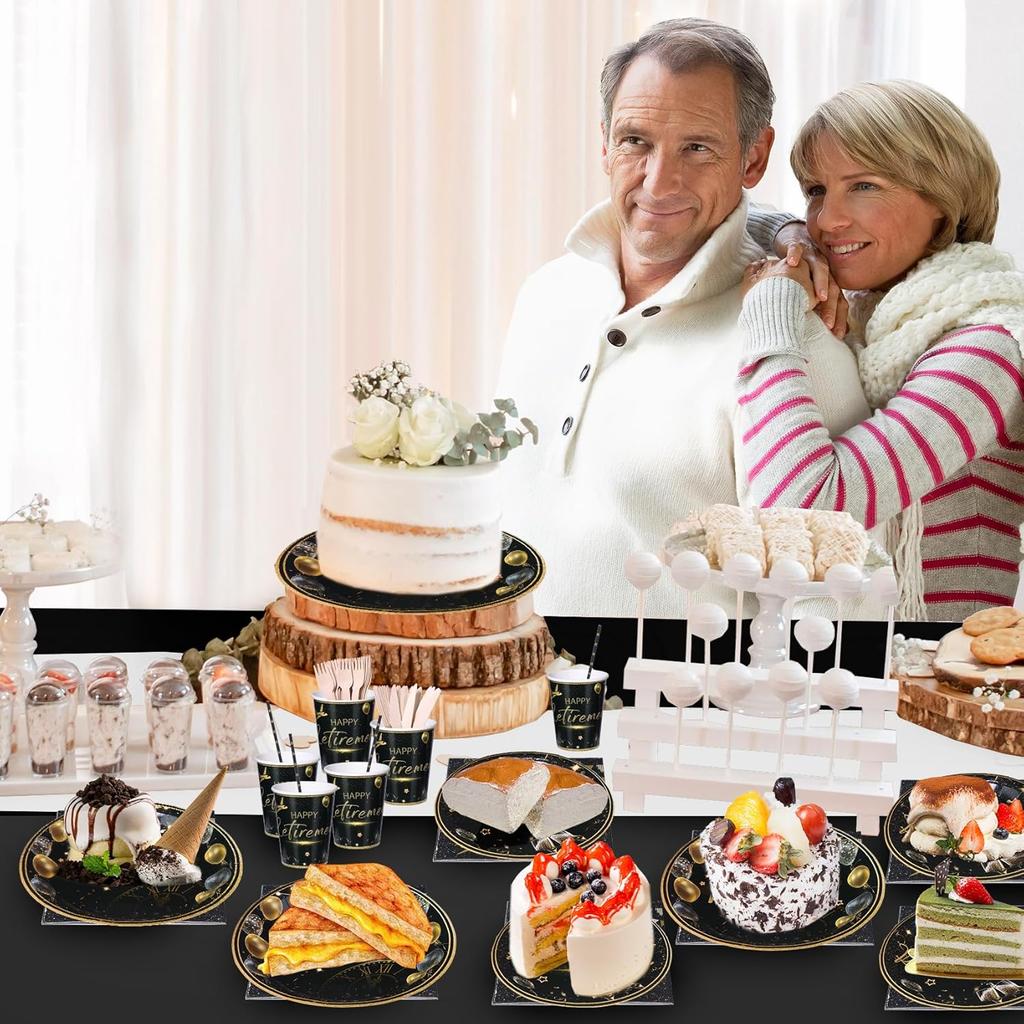 201PCS Retirement Party Decorations Retirement Plates Napkins Set, Black and Gold Retirement Plate,Napkin,Cup,Straw,Tablecloth,Wooden Cutlery,