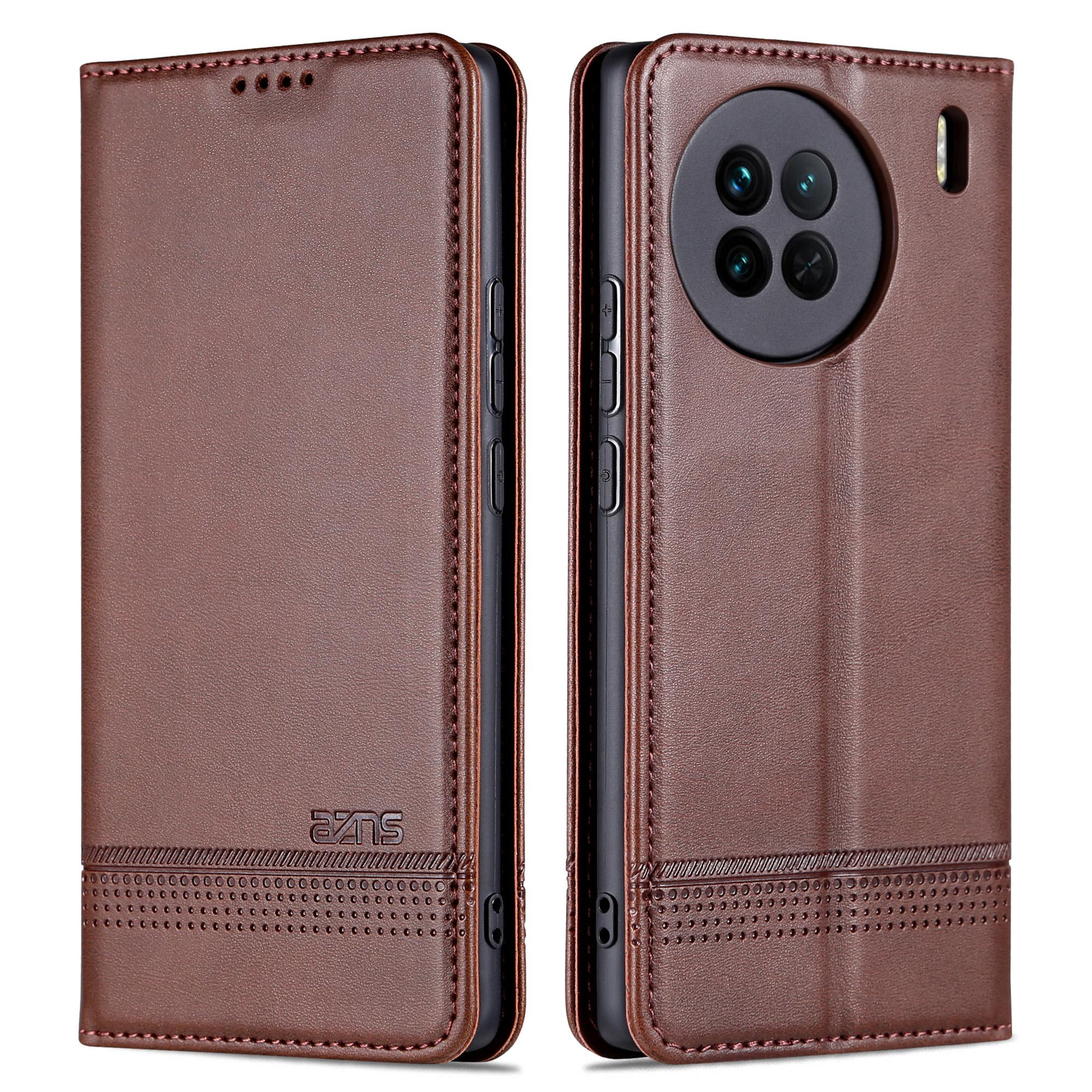 

AZNS For vivo X90 5G Cowhide Texture PU Leather Wallet Full Protection Phone Case Stand Magnetic Auto Closure Flip Phone Cover Coffee