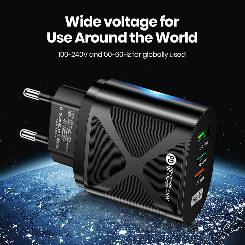 58W Dual Fast Charger with 2PD+QC3.0 USB, EU/US/UK/KR/AU Plug Options