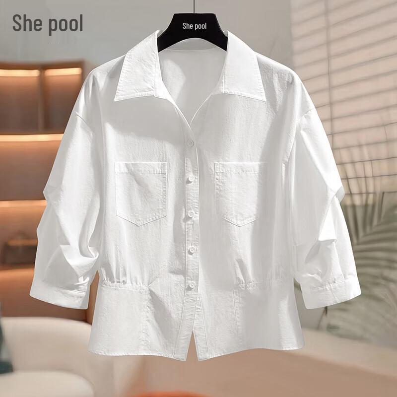 Tachi Women s French Lapel Pleated Cropped White Shirt M