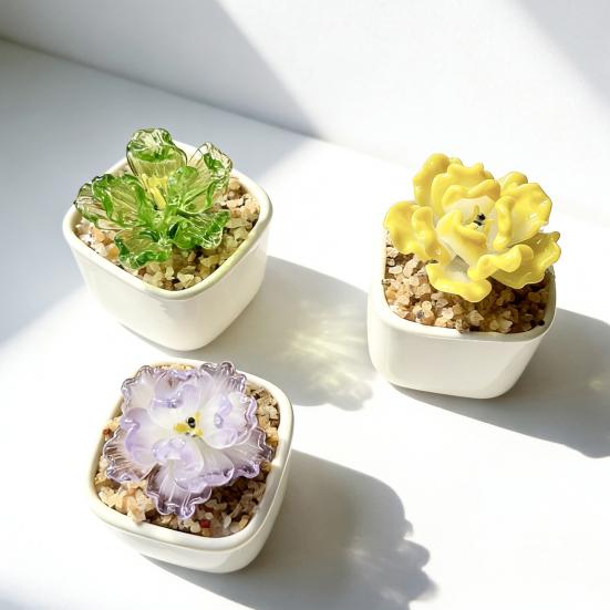 Handmade Mini Glass Flower Figurine Cute Hand Blown Small Faux Crystal Flower Bouquet In Pot Gift for Mother's Day Birthday Christmas DIY Craft