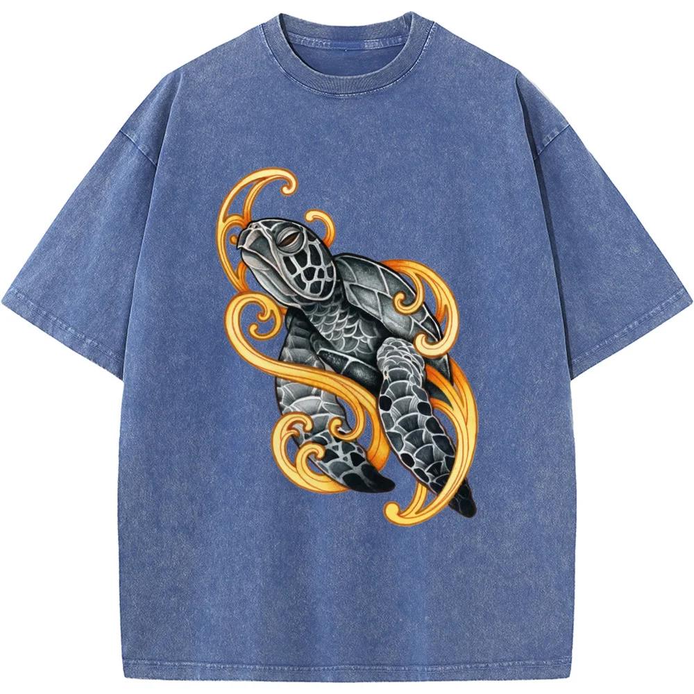Turtle Printed Men/Women Washed T-Shirt 230g Cotton Funny Loose Bleached Tshirt Retro Hip Hop Bleach T shirt Tops S