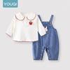Youqi Autumn 2025 Denim Baby Girl Pants Set: Two-Piece Outdoor Wear
