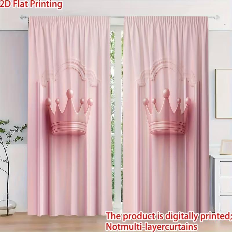 

Set Of 2 Pink Crown Print Curtains Suitable Bedroom Living Room Kitchen Decoration Home Window Made Polyester Treatment W100*H70(CM)-Hooks&1PCS