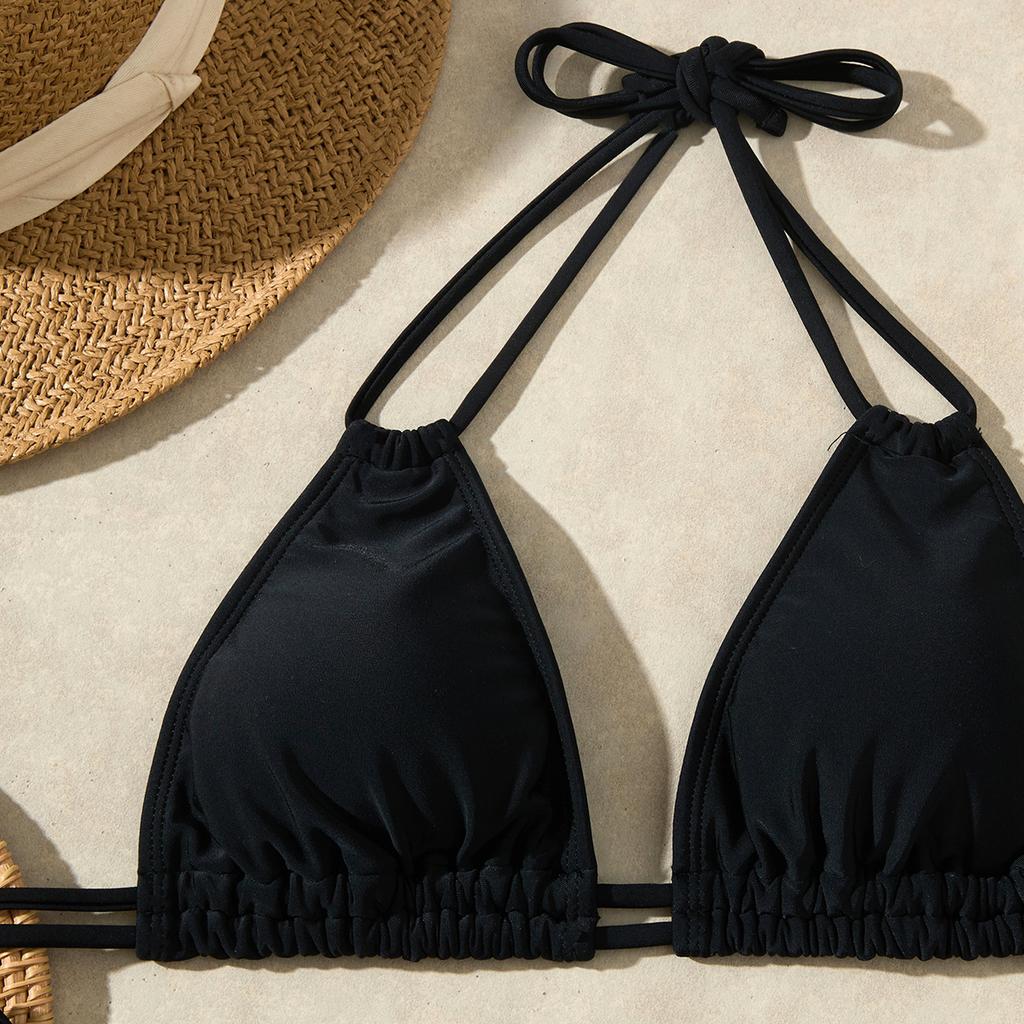 Split Swimsuit Female Sexy Premium Lace-up Neck Hot Spring Bikini Solid Color Sexy Beach Swimsuit Hot Spring Model