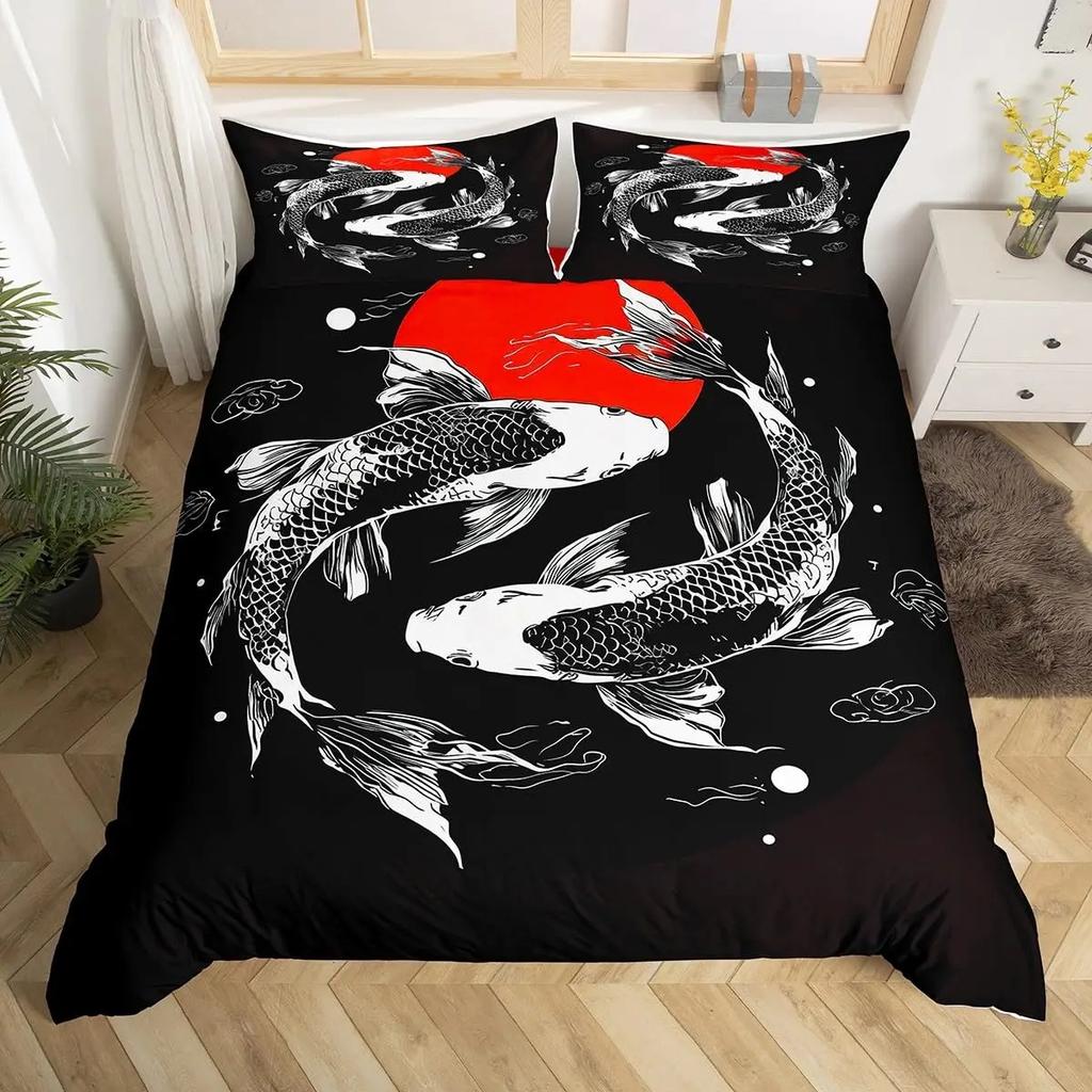 Koi-Fisch Bettwäsche-Set Asiatisch Orientalisch Floral Print Bettbezug-Set mit Kissenbezügen für Schlafzimmer-Dekor Erwachsene Twin Full Queen King