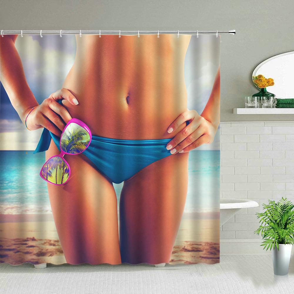 Sonnenlicht Strandmädchen Palme Surfbrett Landschaft Duschvorhänge Sexy Frau 3D-Druck Schicker Vorhang Badezimmerdekor Mit Haken