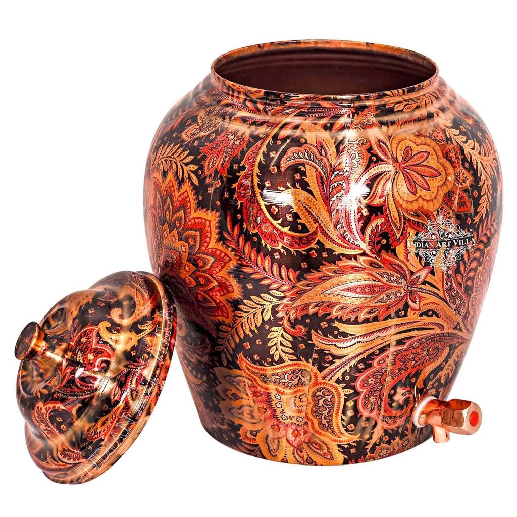 Printed Design Copper Water Dispenser Pot Matka, Stoarage, Home Garden, 10 LTR, Dark Brown