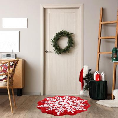 Tapis Rond Doux en Cachemire Imitation Flocon de Neige Rouge de Noël Tapis de Pied de Salle de Bain Hiver Tapis de Bienvenue Décoration de Maison