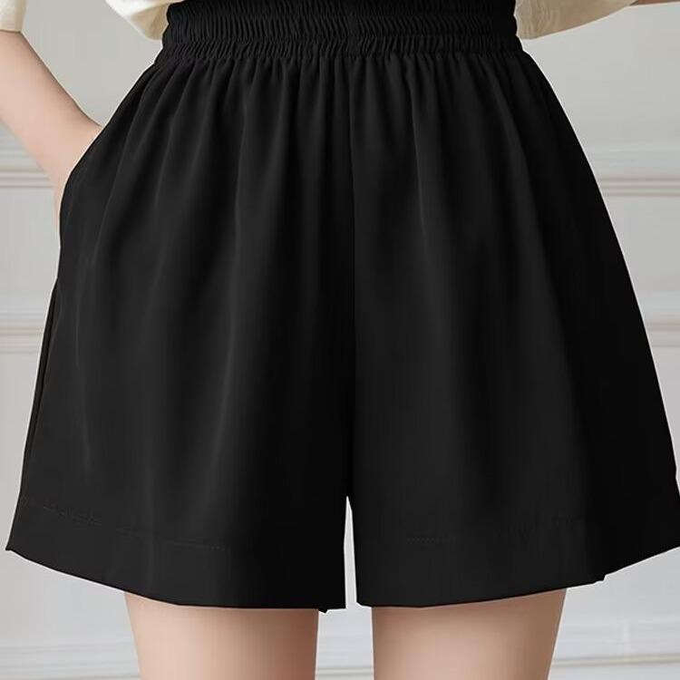 

Женские летние шифоновые шорты А-силуэта 2024: Драпирующийся, Эластичная талия, Высокая посадка, Повседневный прямой крой. S чёрный