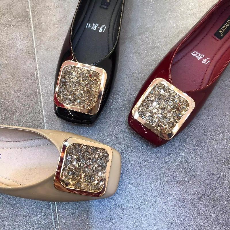Fashion Flat Shoes for Women 2025 Spring and Autumn New Square Toe Patent Leather Rhinestone Ladies Shoes Women's Plus Size 42 43 44
