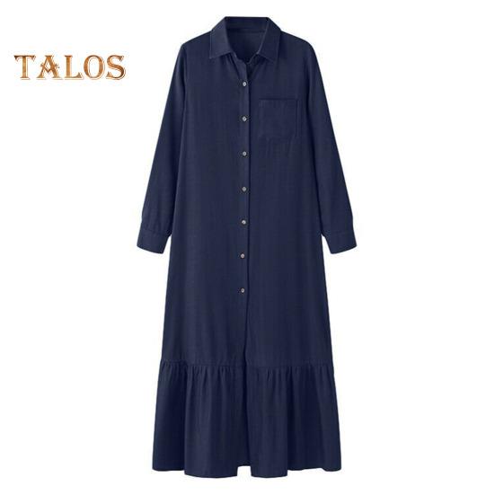 Damska sukienka maxi z kołnierzykiem w dół, z długim rękawem, jednorzędowy kardigan, luźna, jednokolorowa, wzburzona, patchworkowa, lejący brzeg, podróż do pracy, wiosna, lato