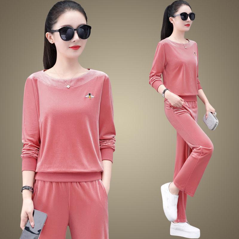 Velvet Soft Casual Sportswear Set for Women - Spring/Autumn Fashion Stylish Round-neck Large Size Two-Piece Set