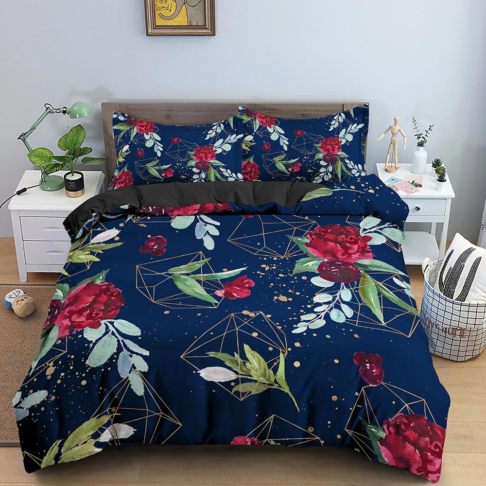 3D Bedding Set Flowers Print Duvet Cover Set with Zipper Closure Queen King Full Size Comforter Cover and Pillowcases Polyester