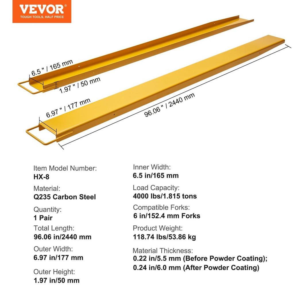 Pallet Fork Extensions, 96" Length 6.5" Width, Heavy Duty Carbon Steel Fork Extensions for Forklifts, 1 Pair Forklift Extensions, Industrial Forklift