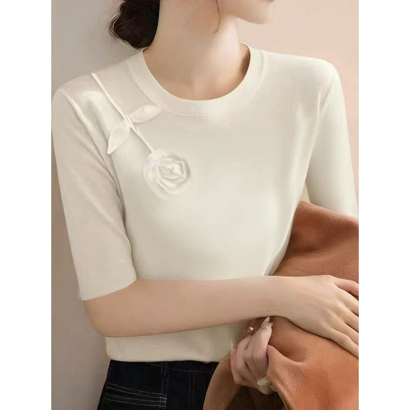 Women's French Round Neck White Mid-Sleeve Knit Top - Early Spring, Versatile Temperament, Slim-Fitting Base Layer