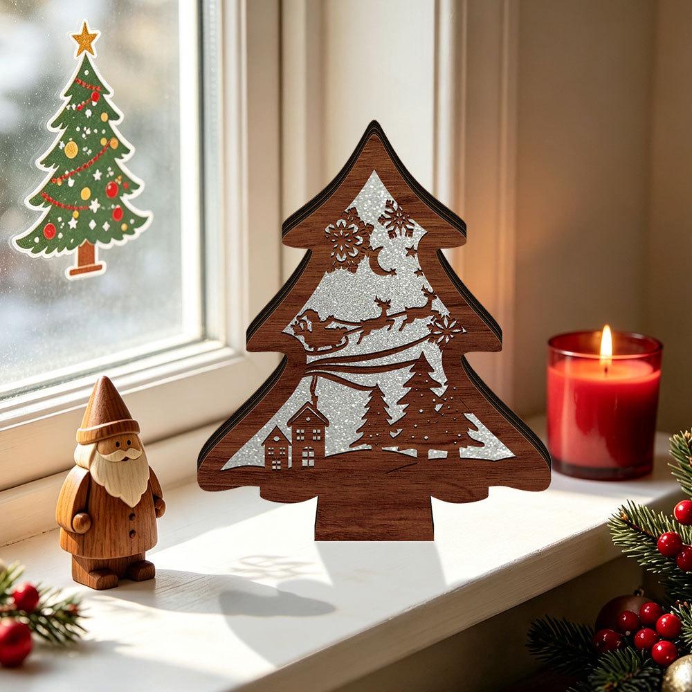 MZ1232 LED Wooden Christmas Tree Ornament - Glowing Holiday Night Light Decoration