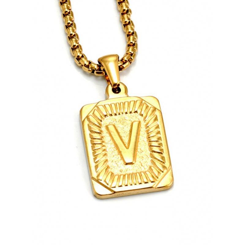 Necklace Jewelry Men's 18K Gold Square Double-sided 26 English Letter Pendant Titanium Steel Necklace