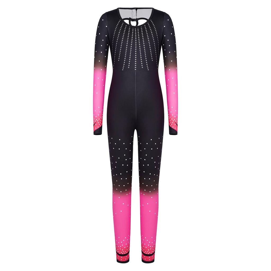Girls Long Sleeve Cross Cutout Back Yoga Sports Bodysuit Dance Unitard Kids Full Length Dots Print Rhythmic Gymnastics Jumpsuit