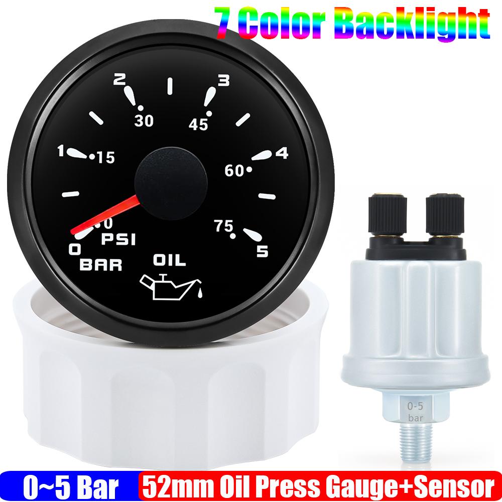 Auto Car 52mm Oil Pressure Gauge+Sensor 7 Color Backlight 0~5Bar 0-10Bar Oil Press Meter with Sensor Marine Boat 12V24V