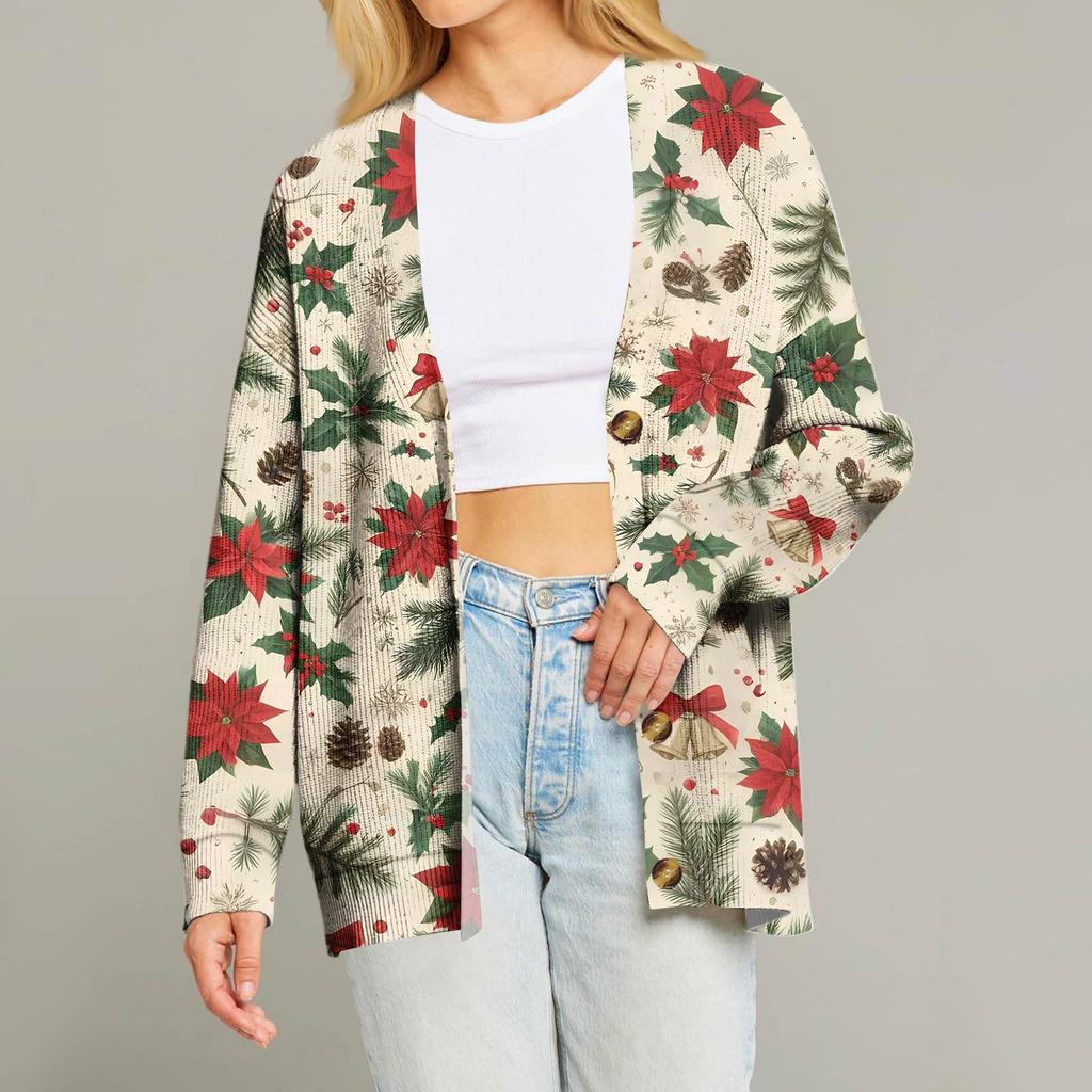 Women's Fashion Long Sleeve Christmas Print V-Neck Button Loose Cardigan Top