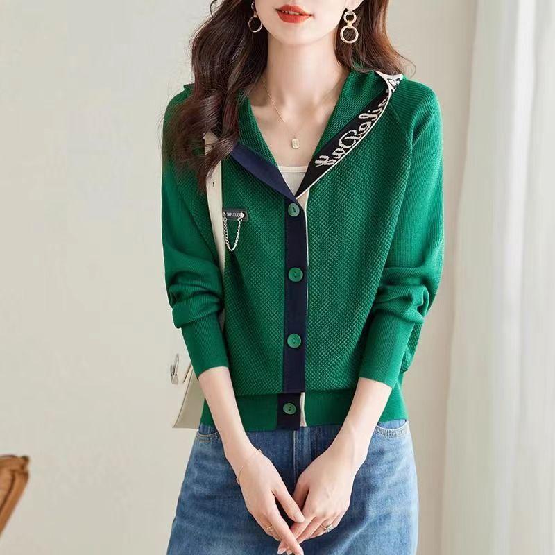 

Autumn short coat women s new outer color matching hooded knitted cardigan sweater women s small top Average size зелёный
