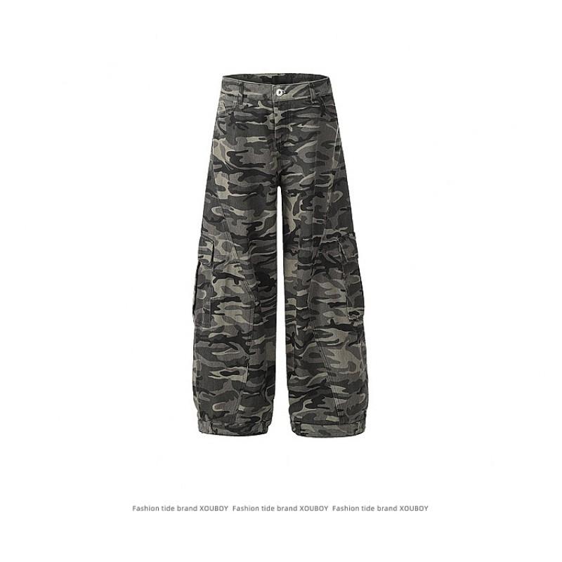 Camouflage Cargo Wide Leg Pants Men Women Loose Fit Streetwear Straight Cut Casual Trousers