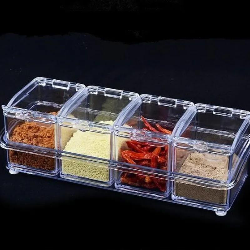 4pcs/lot Clear Spice Container Set, Transparent Seasoning Box with Lids & Spoons, Kitchen Organizer