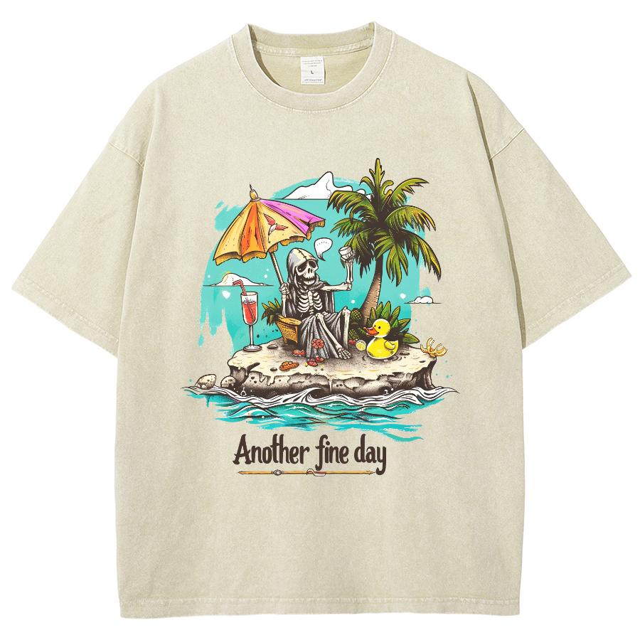 Beach Coconut Tree Skull Print Washed Denim Cotton T-Shirt Women's Black Short Sleeve Loose Oversized Travel Home