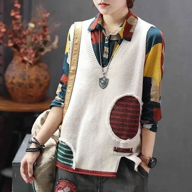 Spring Autumn Winter Loose Vest Sleeveless Camisole Artistic Color Blocked V-neck Knitted Sweater Vest Women's Sweater