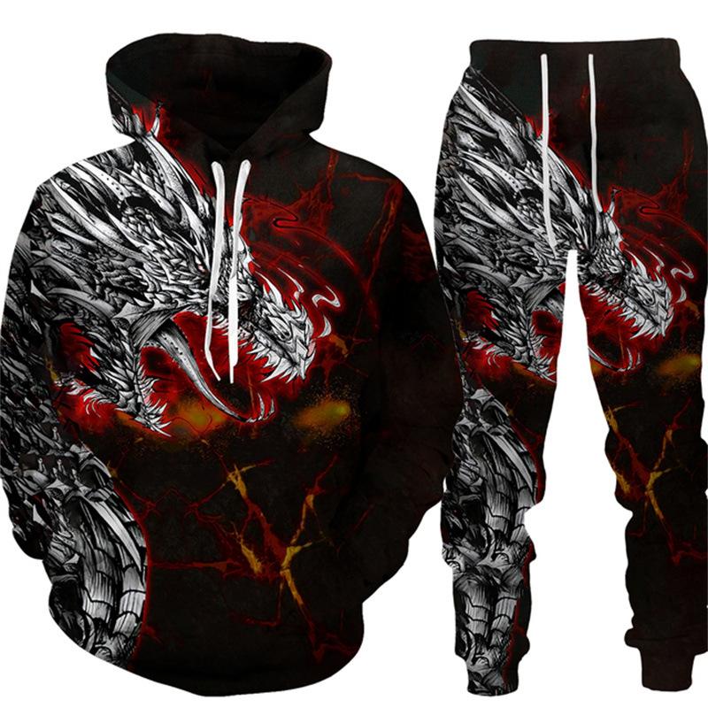 

Костюмы с капюшоном с 3d принтом дракона, осень-зима, мужские и женские комплекты с рисунком животных, винтажный спортивный костюм с тигром, унисекс, толстовка с капюшоном + брюки, комплект из двух предметов M