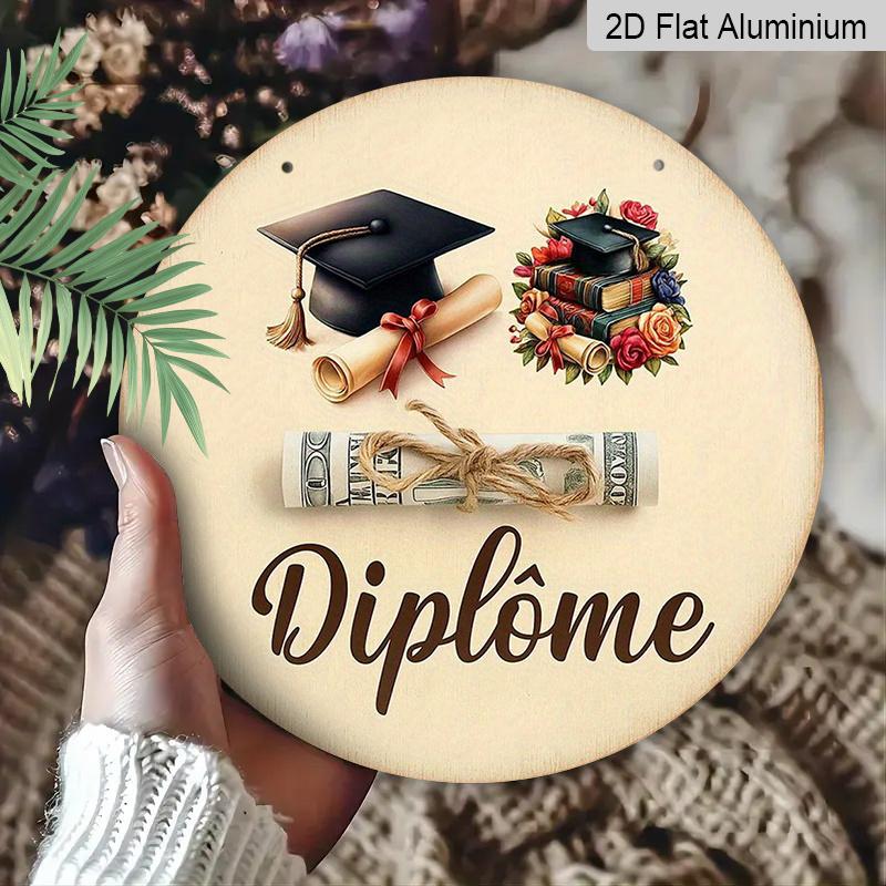 2D Flat, 1pc Vintage French Diploma Medal-Like Aluminum Plaque - 7.87Inch Round Graduation & Diploma Scroll with "Diplome" Inscription - Academic