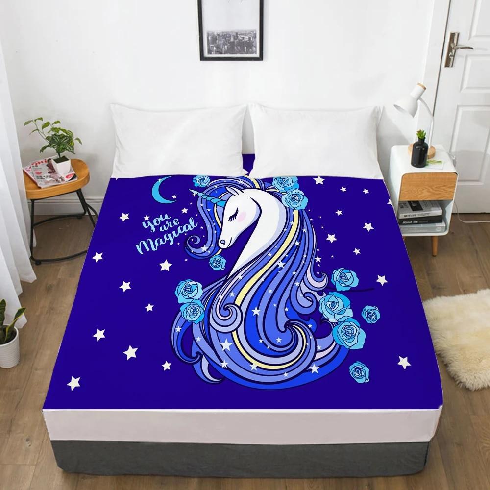 Unicorn Cartoon Fitted Sheets Mattress Cover With Elastic Band 3D Bed Sheet LinensFor Baby Kids Child Girls Boys 160x200 180x200