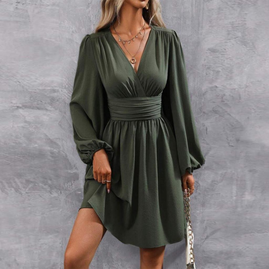 Women's Fashionable Color V Neck Long Sleeved Pleated Versatile Dress