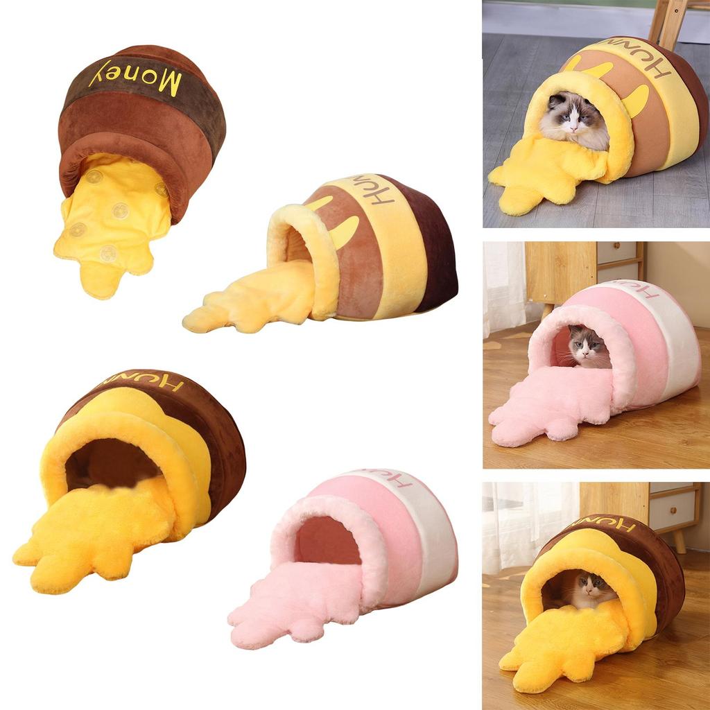 Honey Pot Pet Cat Bed Removable and Washable Cushion Cave Warm Kitten Bed Small Dog Cave Bed Kennel Soft Cartoon House Nest