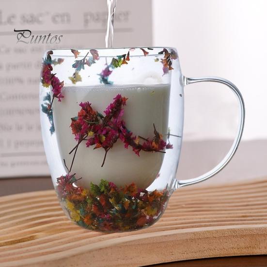 Sušená květina Dvoustěnný hrnek na kávu z čirého skla 250/350 ml Izolovaný skleněný šálek na horké studené nápoje Šálek na cappuccino Latte Espresso Jedinečný dárek pro