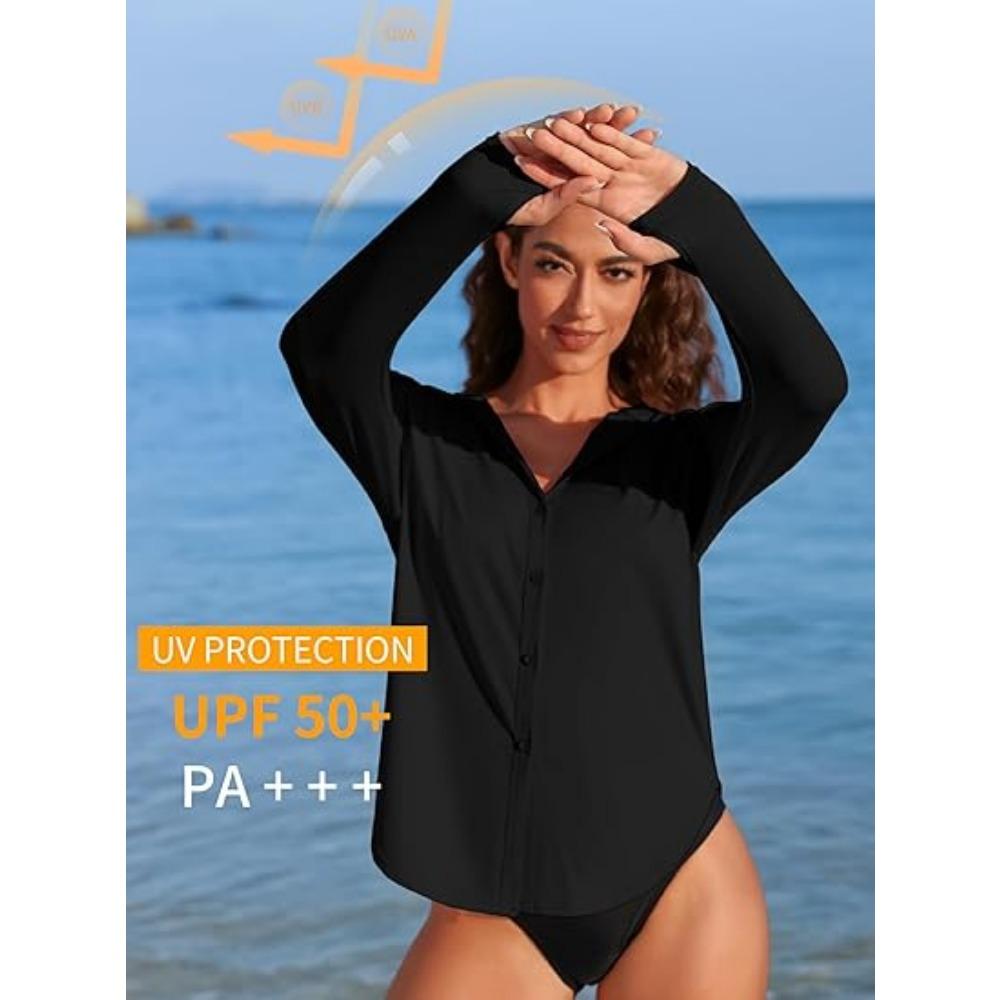 CHARMLEAKS Women Rash Guard UPF 50+ Sun Protection Clothing Button Down SPF Hoodie Beach Shirts