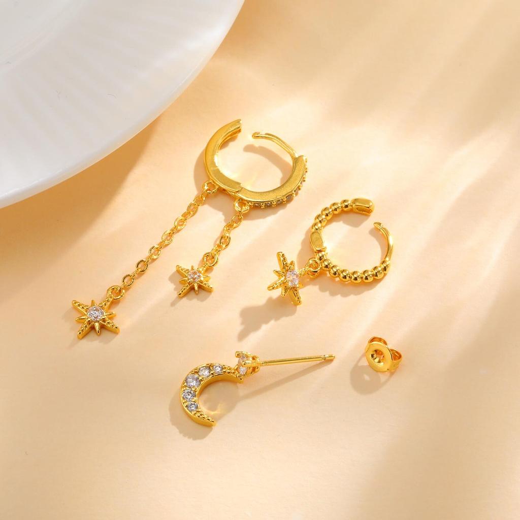 Vnox 3pcs/set Dainty Cubic Zirconia Earrings,18K Gold Plated Star Moon Pendant Hoop Stud Earring,Luxury Jewelry Set Party Gifts