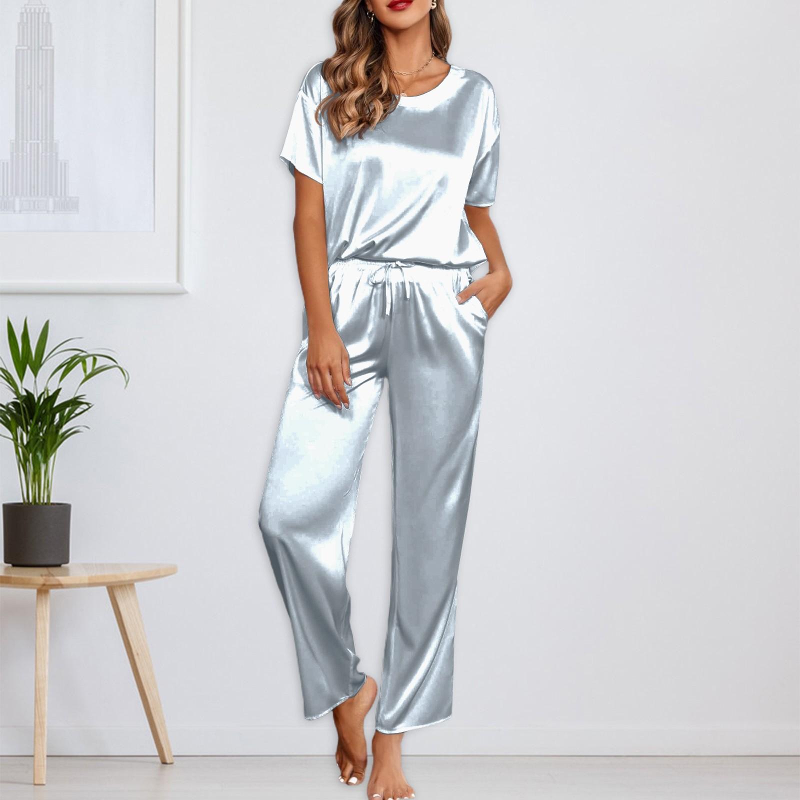 

Женский шелковый однотонный пижамный комплект, рубашка с коротким рукавом и длинные пижамные штаны, мягкая пижама, домашняя одежда XXL циан