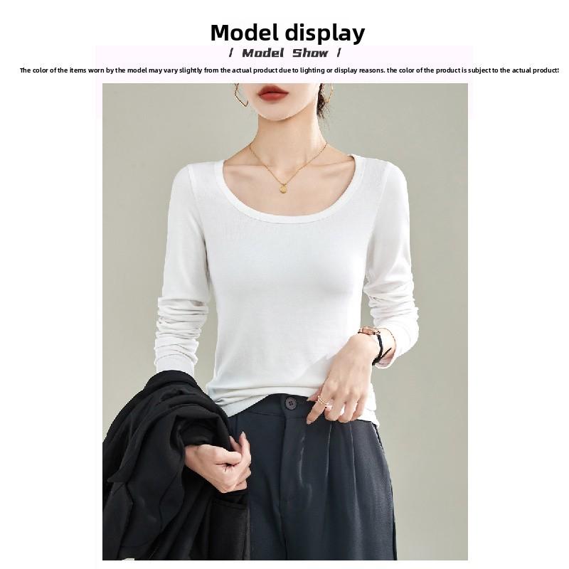 DeRong Spring and Autumn Base Shirt 2026 New Model U-Neck Slim Fit Long Sleeve T-Shirt Commuting Inner Layer Top for Women