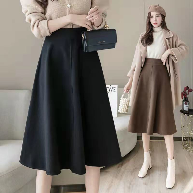 Autumn Winter Women's High Waist Slim-Fitting Flared A-Line Skirt Mid-Length Versatile Tummy-Hiding Korean Style Waist-Cinching Umbrella Skirt