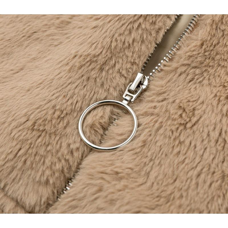 Women's Autumn Winter Faux Fur Short Coats Zipper Plush Warm Oversized Thick Jacket Turn Down Collar Overcoat