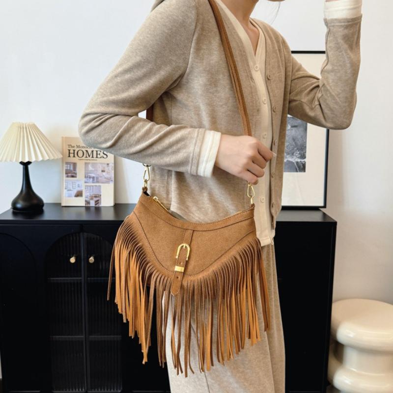 Fashion Tassel Shoulder Bags for Women Luxury Designer Crossbody Bag Saddle 2025 Retro Faux Suede Handbag Ladies Shopping Bag